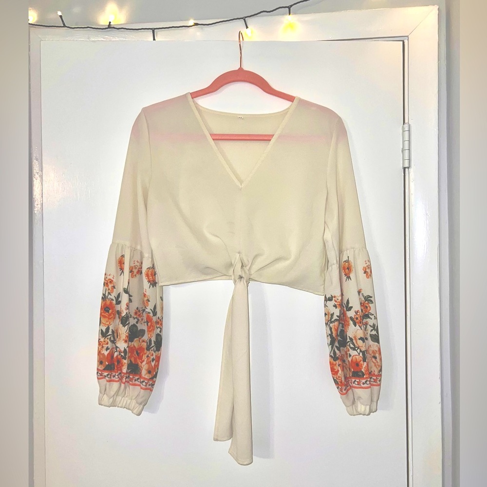 White/cream shirt with floral pattern sleeves